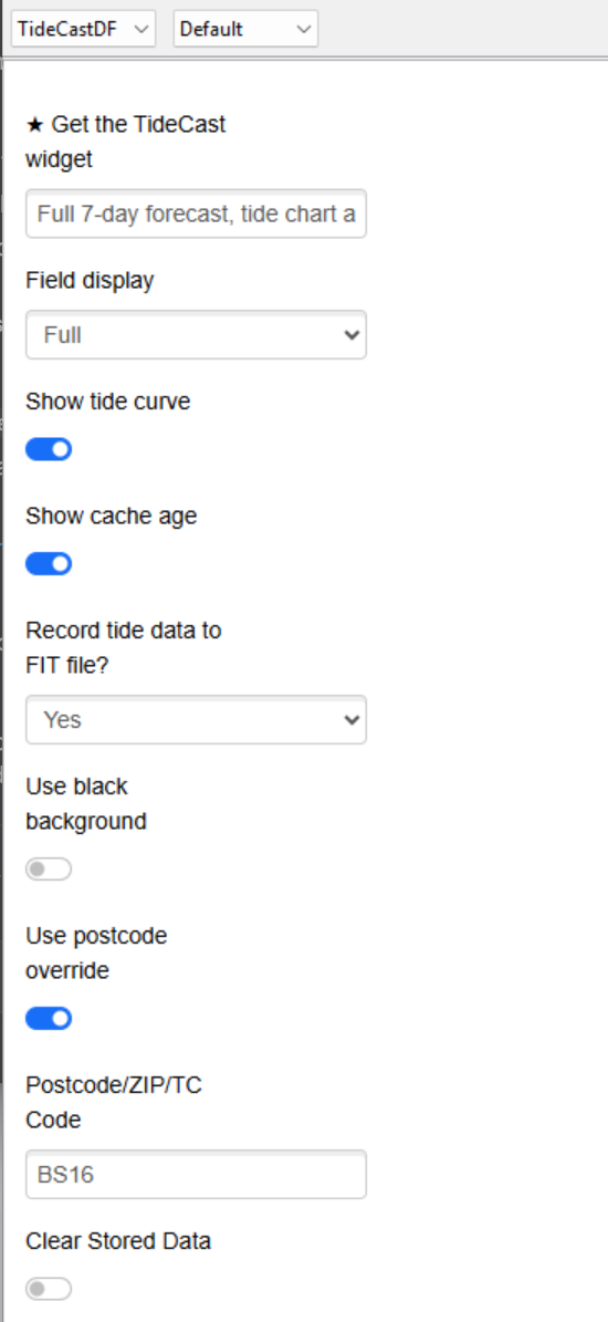TideCastDF settings in Garmin Connect Mobile